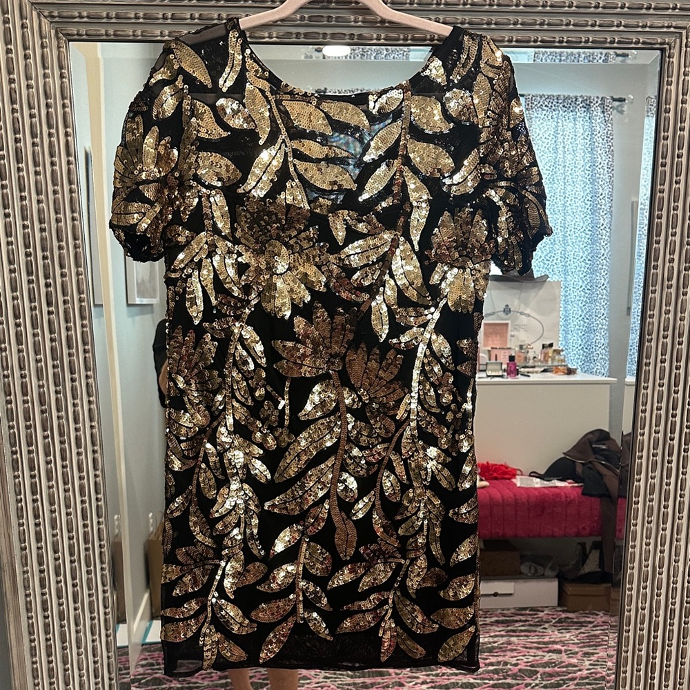 Maeve Black and Gold Leaf Sequin Mini Dress